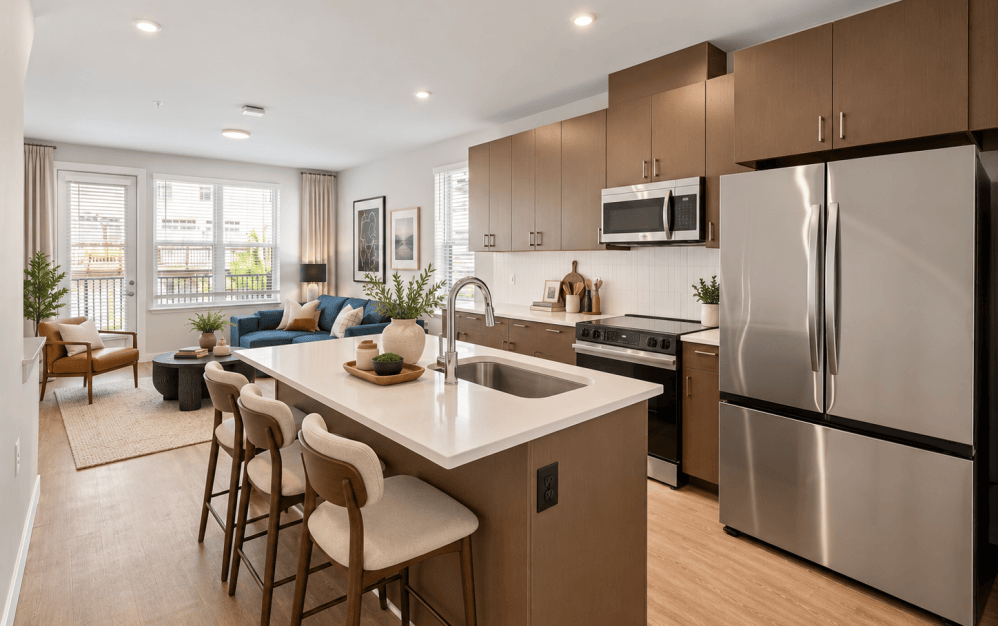 Staged C4 kitchen and living area at Alta NOVA in Falls Church, VA, featuring a large quartz island, stainless steel appliances, modern cabinetry, and contemporary furnishings.
