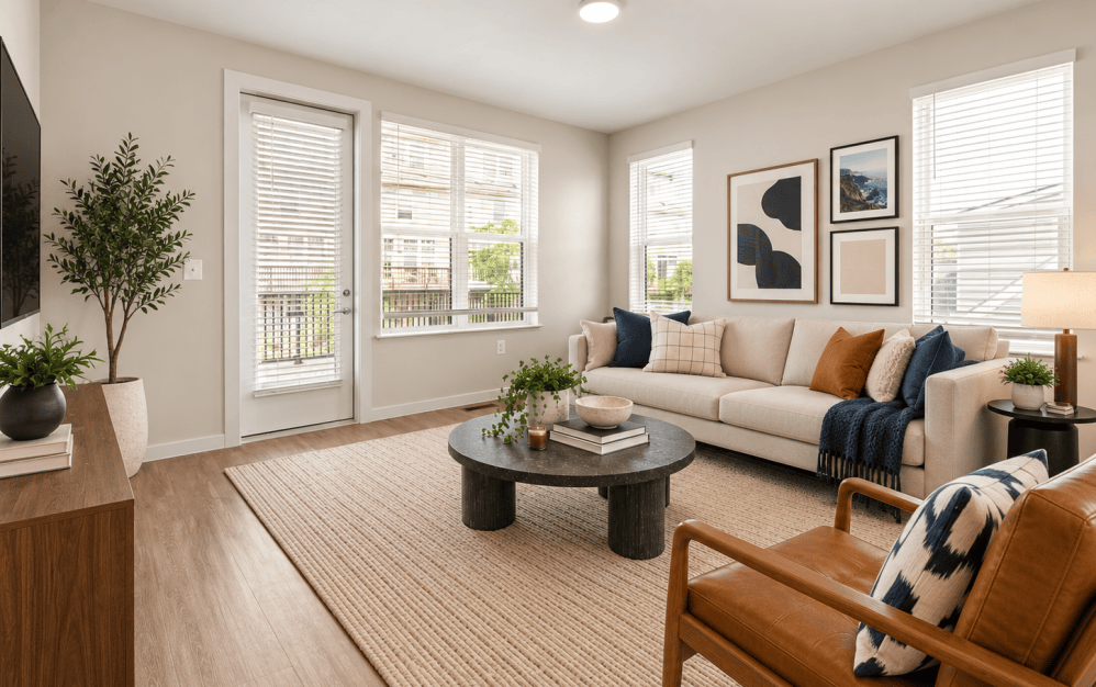 Staged C4 living room at Alta NOVA in Falls Church, VA, featuring a neutral sectional sofa, modern accent furniture, large windows, and access to a private outdoor deck.