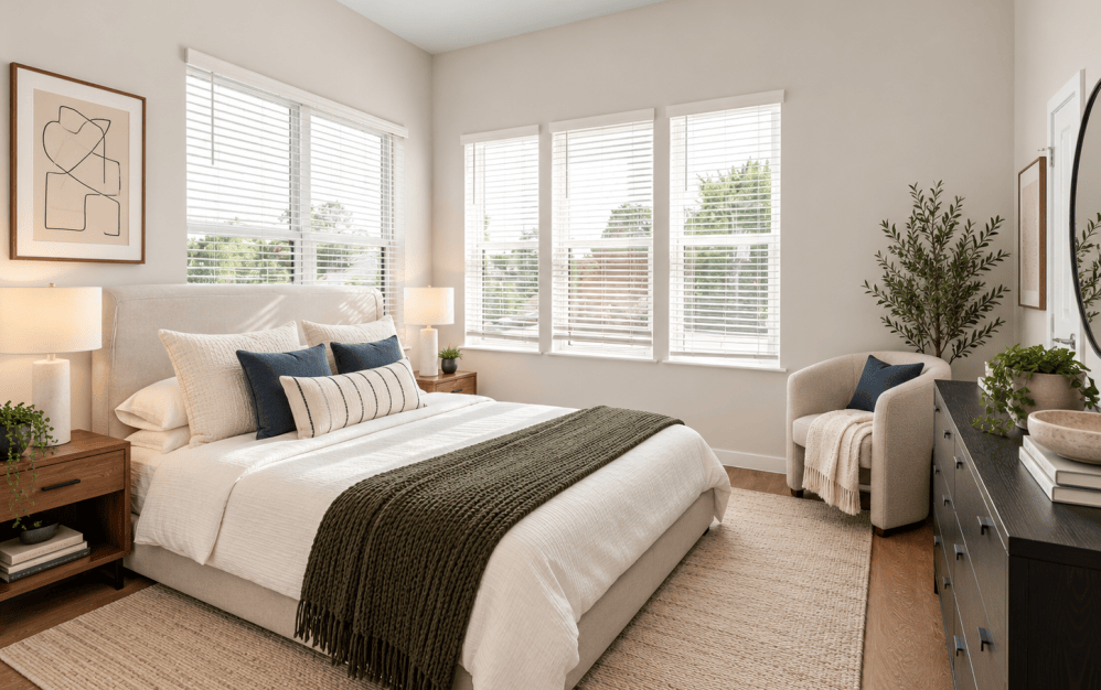 Staged C4 bedroom at Alta NOVA in Falls Church, VA, featuring a contemporary upholstered bed, modern furnishings, wood-style flooring, and large windows providing natural light.