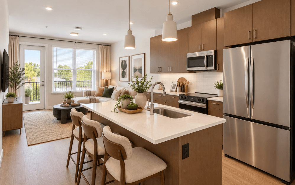 Virtually staged C3 kitchen and living area at Alta NOVA in Falls Church, VA, featuring modern cabinetry, stainless steel appliances, quartz countertops, and contemporary furnishings.