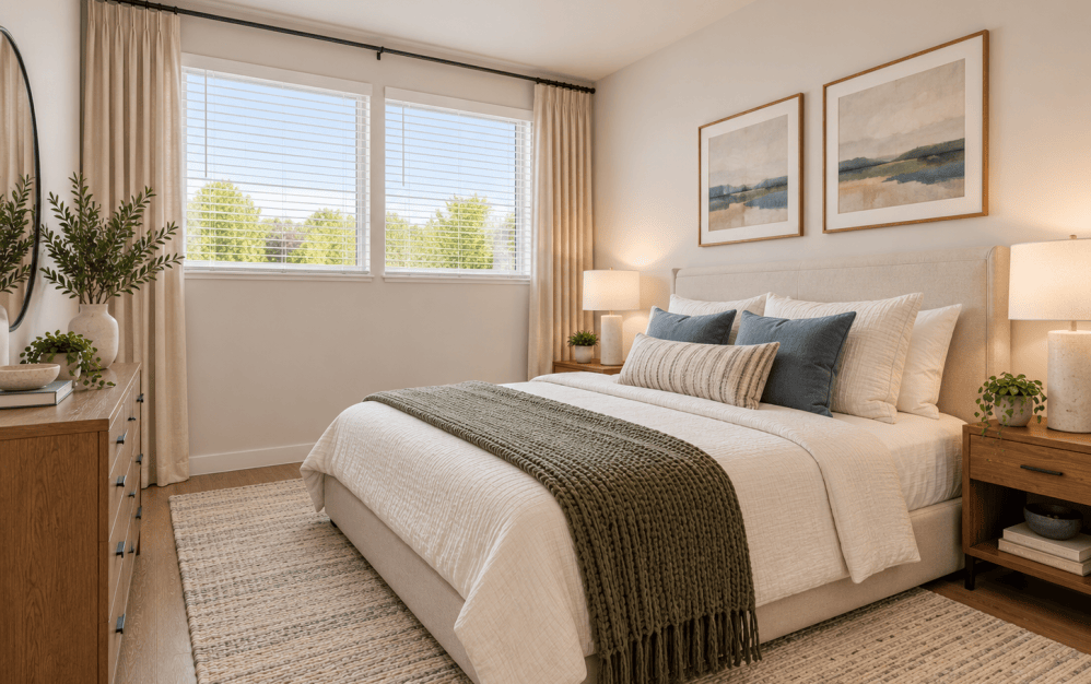 Virtually staged C3 bedroom at Alta NOVA featuring an upholstered bed, neutral bedding, contemporary wood furnishings, large windows, and natural light.
