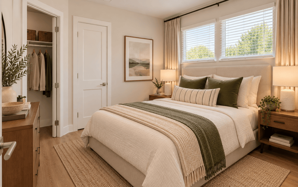 Virtually staged second bedroom in the C3 floor plan at Alta NOVA in Falls Church, VA, featuring a queen bed, modern nightstands, neutral décor, and closet storage.