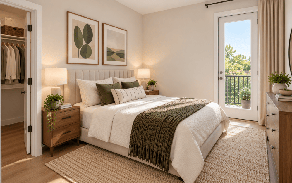 Virtually staged third bedroom at Alta NOVA featuring an upholstered bed, warm wood furniture, layered bedding, contemporary artwork, and modern finishes.