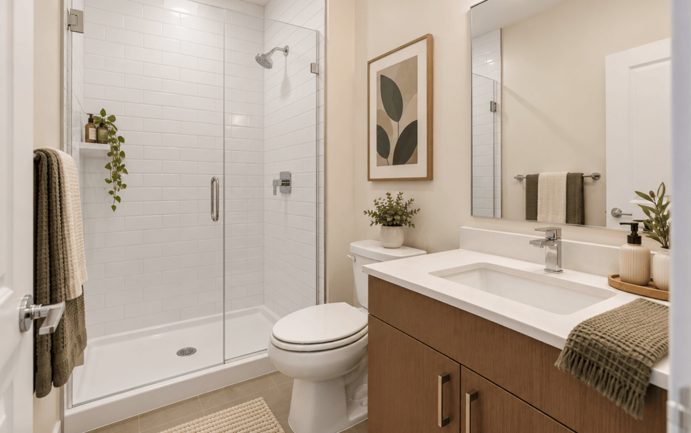 Virtually staged C3 bathroom at Alta NOVA featuring a glass-enclosed shower, white subway tile, wood-tone vanity, quartz countertop, and contemporary fixtures.
