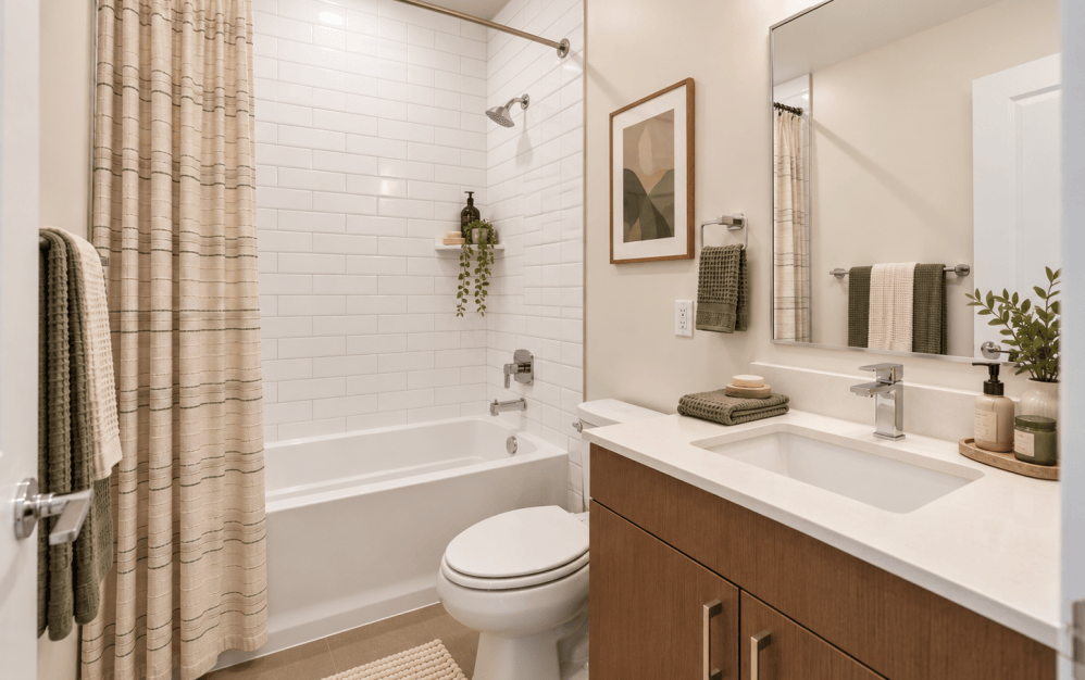 Virtually staged C3 bathroom at Alta NOVA in Falls Church, VA, featuring a bathtub with white subway tile surround, modern vanity, chrome fixtures, and neutral finishes.
