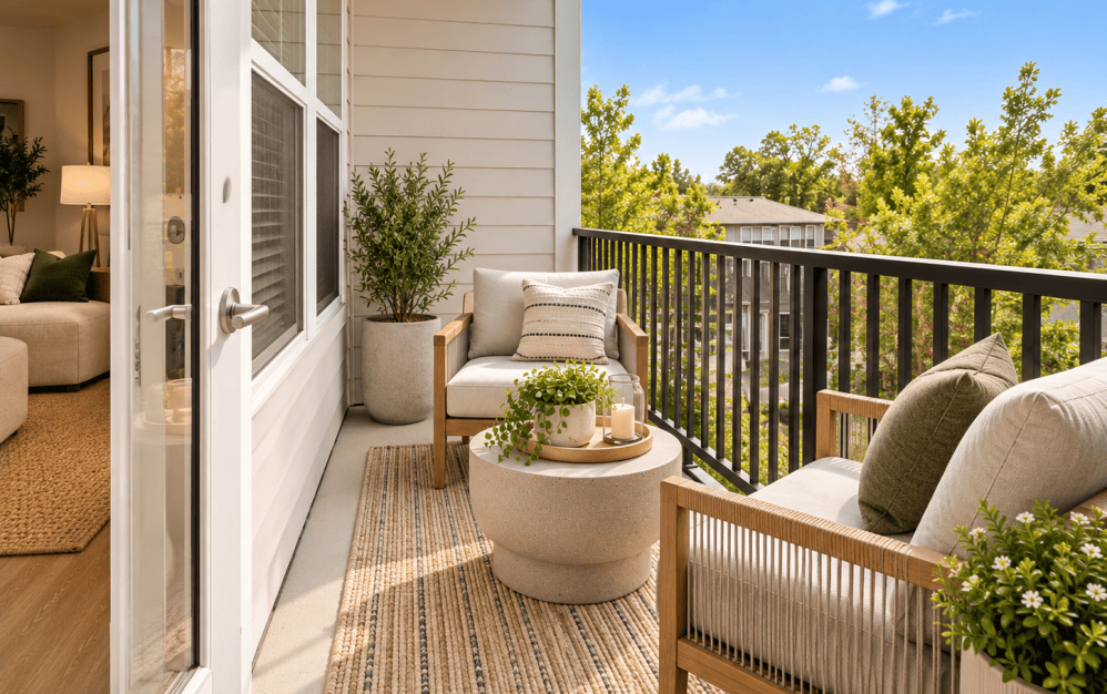 Virtually staged private balcony in the C3 floor plan at Alta NOVA featuring contemporary outdoor lounge chairs, a small coffee table, black metal railings, and neighborhood views.