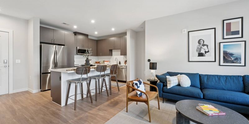 Alta Nova apartments  Modern open-concept kitchen and living room with gray cabinets, blue sofa, and barstool seating.