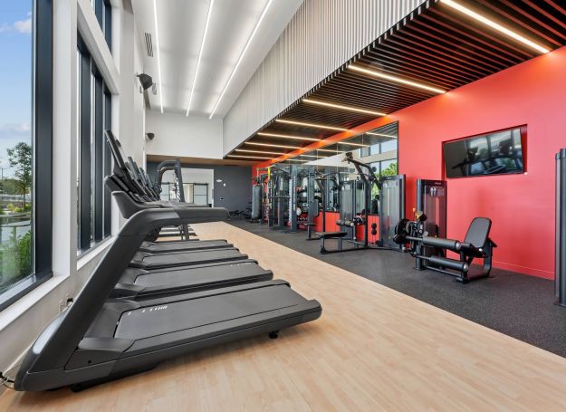 Alta Nova apartments Modern gym with treadmills, strength machines, large windows, wood floors, and a red accent wall with a TV.